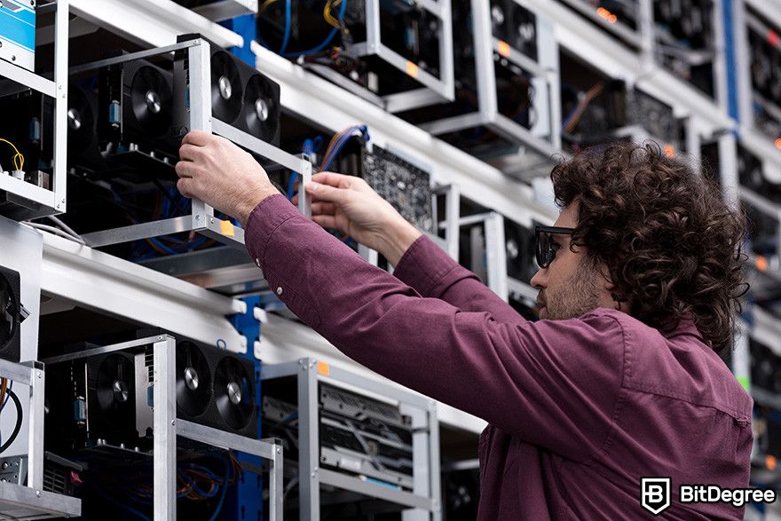 Bitcoin Halving Dates: a Bitcoin miner with a mining rig.