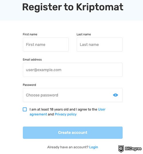 Análise da Kriptomat: registro.