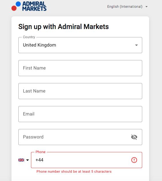 Admiral Markets: форма регистрации.