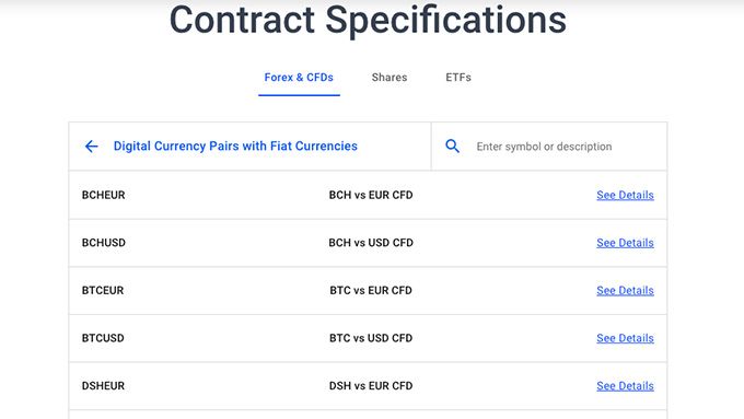 Admiral Markets review: cryptocurrency contract specifications.