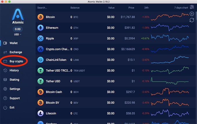 Đánh giá Atomic Wallet: nhấn vào Buy crypto.