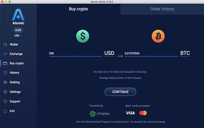 Ulasan Atomic Wallet: pilih jumlah koin kripto yang akan dibeli.