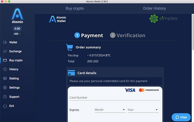 Revisão da carteira Atomic: detalhes de pagamento e verificação.
