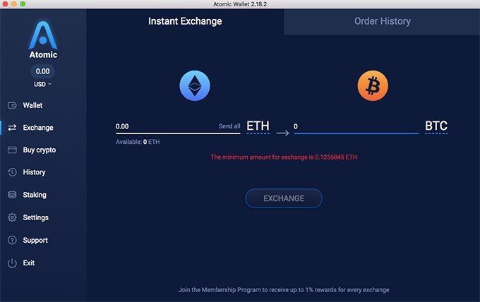 Revisão da carteira Atomic: trocando Ether por Bitcoin.