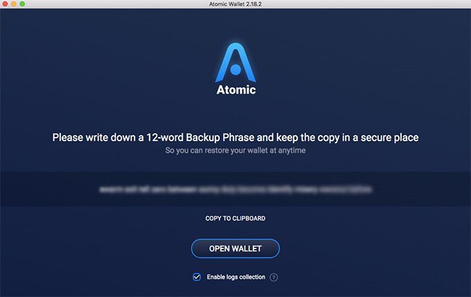 Revisão da Carteira Atomic: escreva a frase de backup!