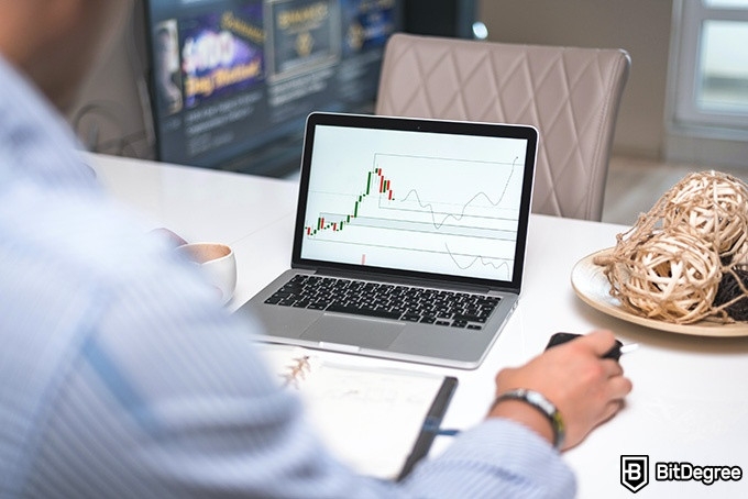 Best time to buy Bitcoins: a man looking at some charts on a laptop.