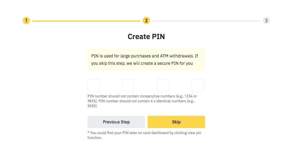 Binance cashback card: create a custom PIN code.