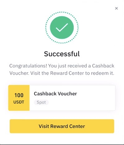 Binance cashback card: successful voucher redemption.