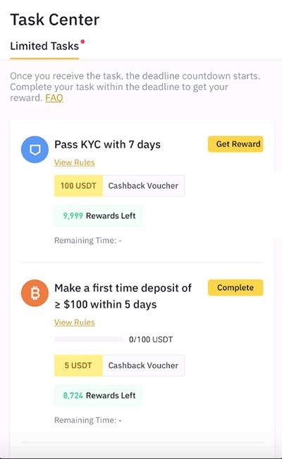 Binance cashback card: task center.