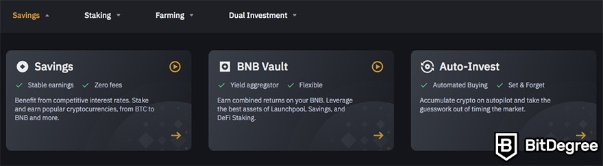 Binance Earn: Savings section.