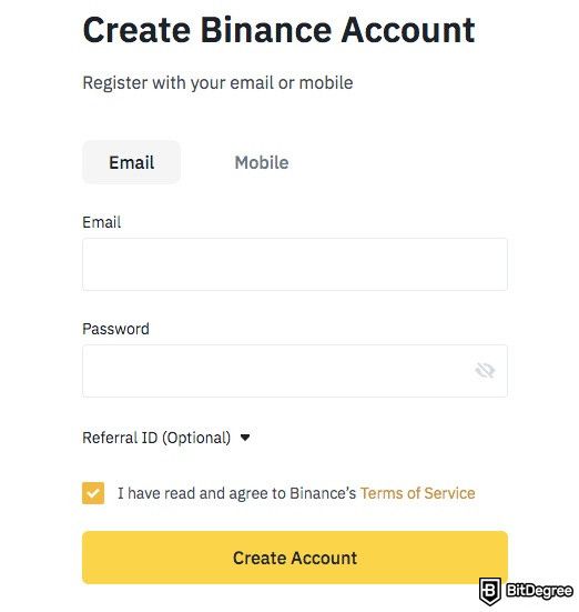 Binance NFT: создание учетной записи на Binance.