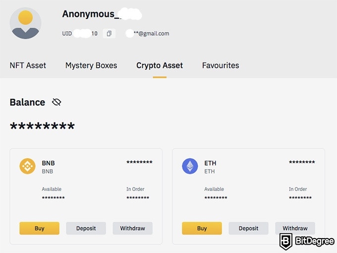 Binance NFT Marketplace: Fondos de usuario.