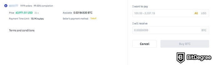 Binance P2P: buying crypto from a merchant.