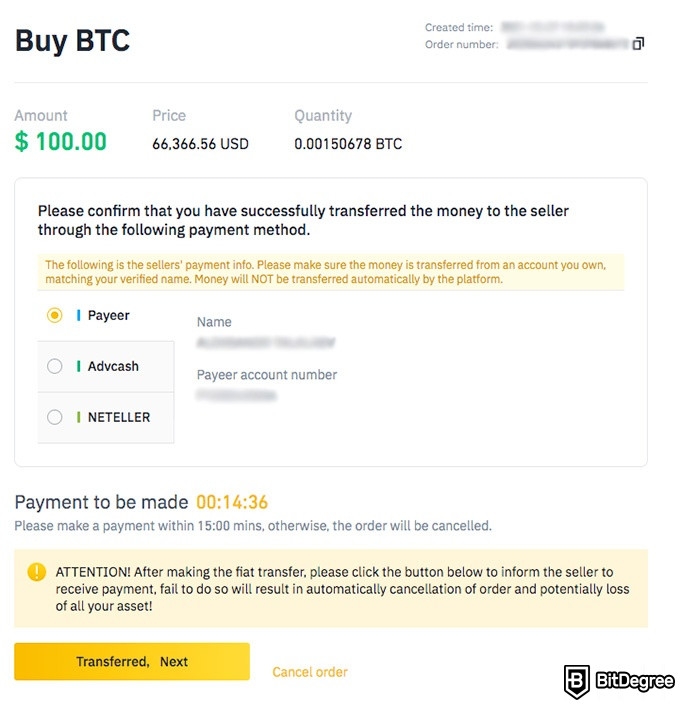 Binance P2P: buy order being executed.