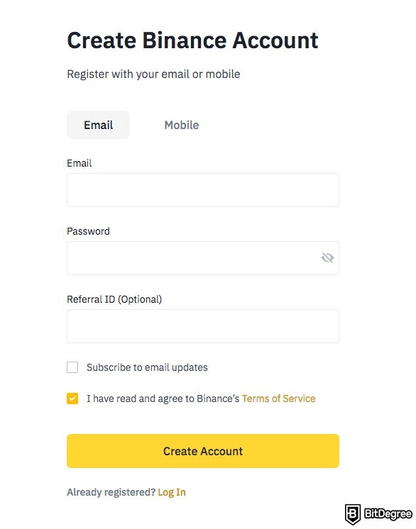 Binance P2P: account creation process.