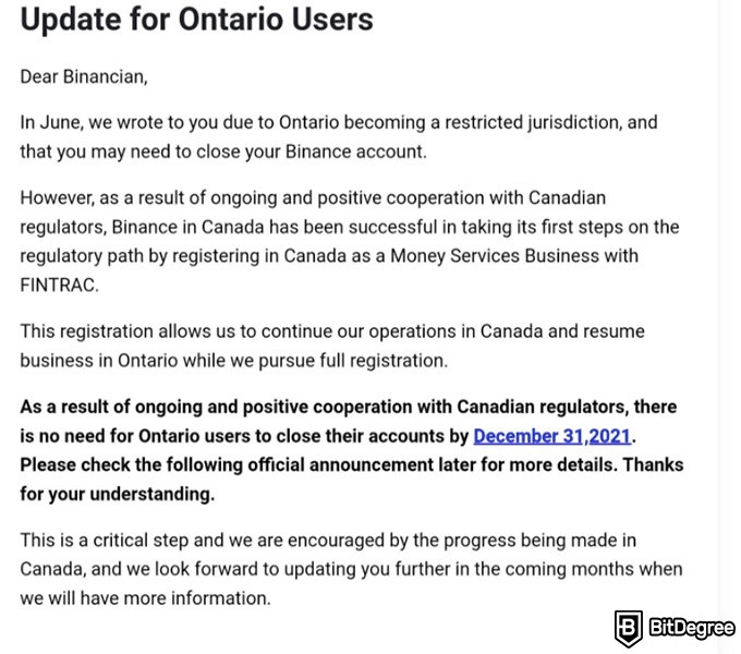 Binance Resumes Operations In Canada: an email to Binance users from Ontario.