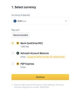 Binance review: select a currency and payment processor.