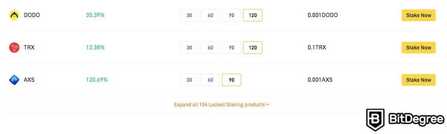 Binance staking: 104 different assets.