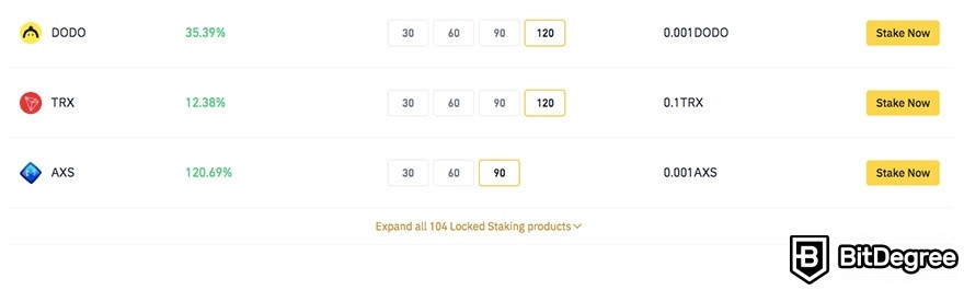 Staking en Binance: 104 activos diferentes.