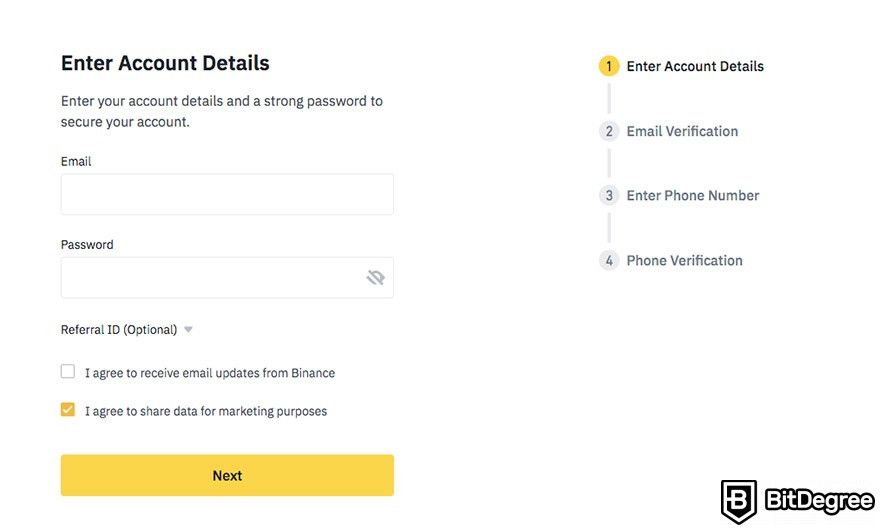 Binance staking: account registration.