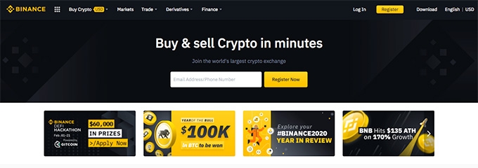 Binance wallet review: Binance homepage.