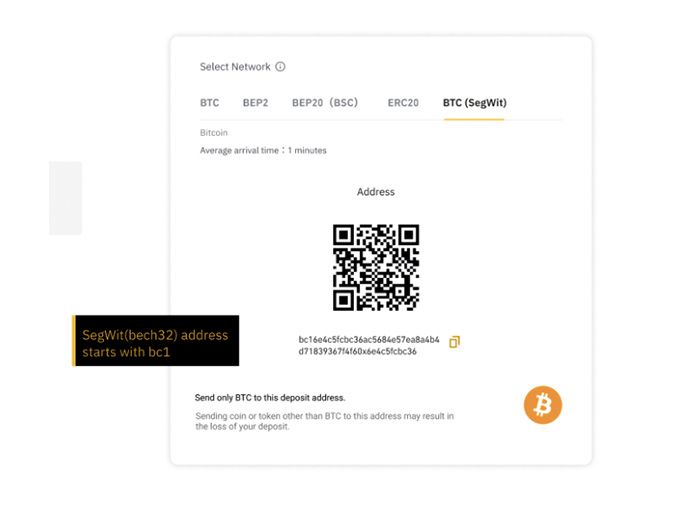 Đánh giá ví Binance: Địa chỉ Bitcoin SegWit.