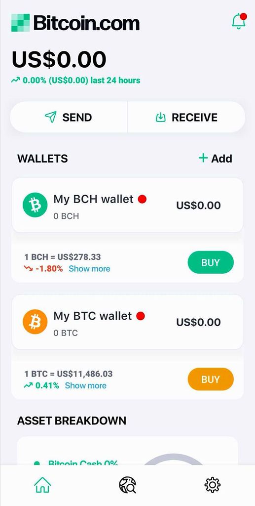 Bitcoin.com wallet: главный экран.