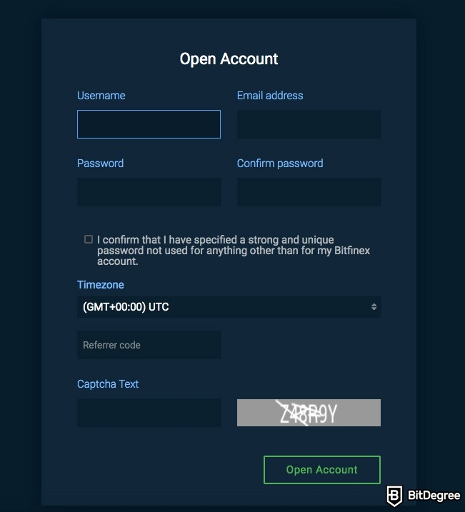 Bitfinex review: open account.