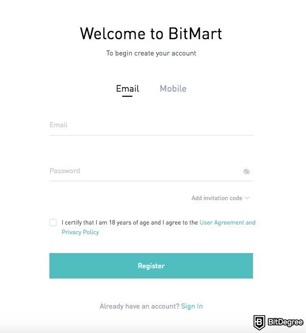 Revisão da bolsa BitMart: e-mail e senha.