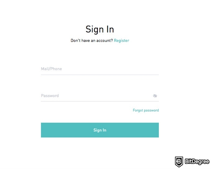 BitMart exchange review: sign in page.