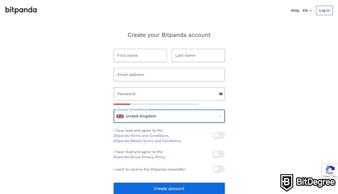 Bitpanda review: signup page.