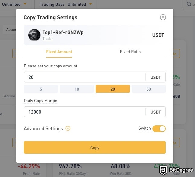 Ulasan BitYard: Fitur copy-trading.