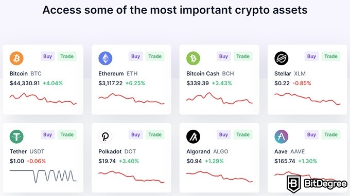 Resenha do Blockchain.com: criptomoedas suportadas.