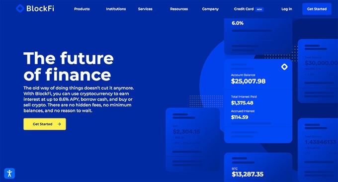 Análise da BlockFi: a página inicial da plataforma BlockFi.
