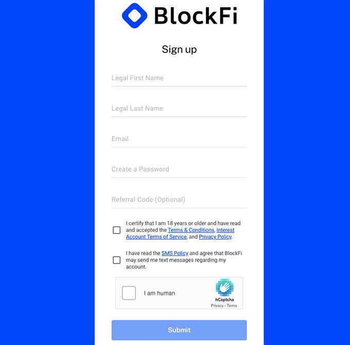BlockFi: форма регистрации.