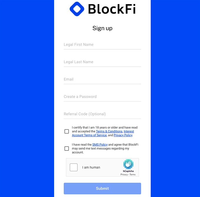 Ulasan BlockFi: proses pendaftaran BlockFi. 