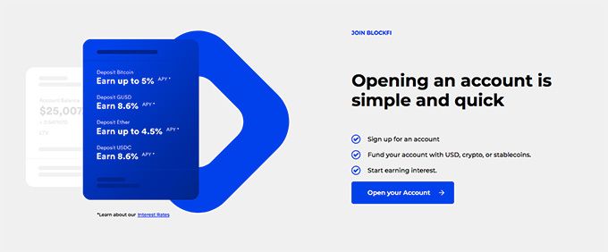 Análise da BlockFi: abrir uma conta é rápido e simples.