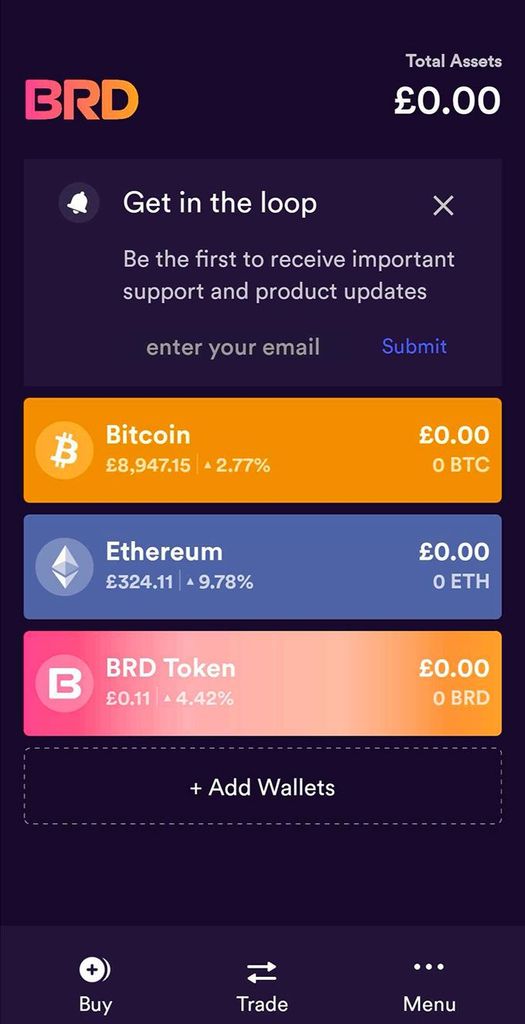 BRD wallet review: the front page of the BRD app.
