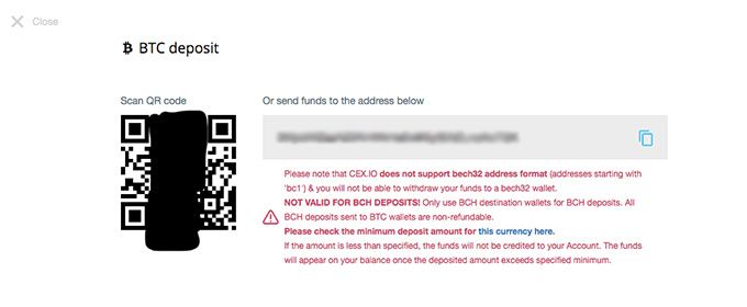 Cex wallet review: deposit BTC via address or QR code.