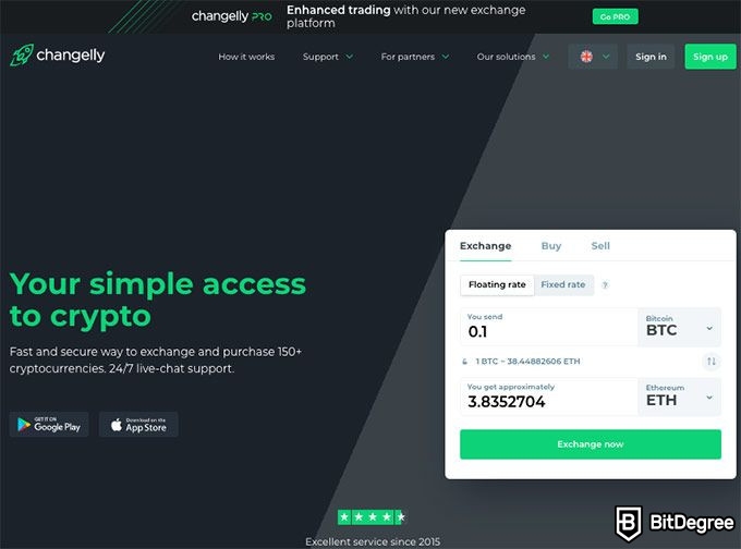 Reseña Changelly: Página principal.