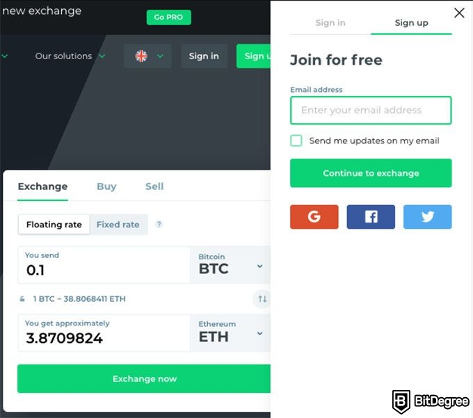 Análise da Changelly: registro