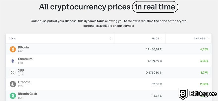 Coinhouse review: all cryptocurrency prices, in real time.
