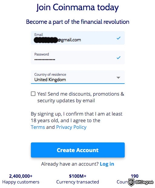 Coinmama review: email address, password, and country of residence.