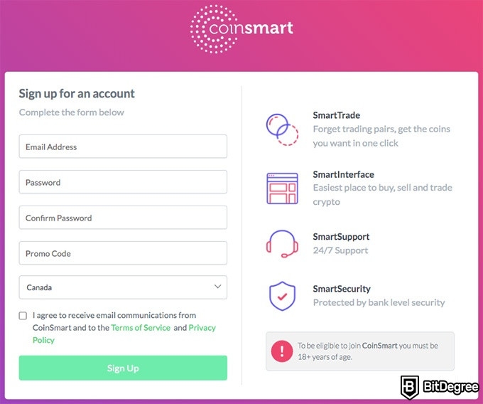 CoinSmart review: registration process.