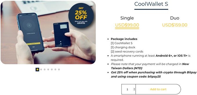 Revisão da CoolWallet S: Preço da CoolWallet S.