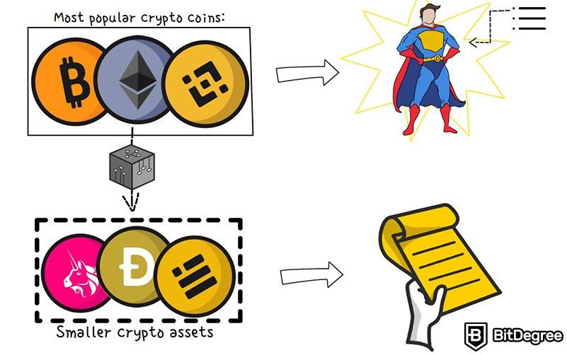 Coin vs token: Most popular crypto assets vs smaller crypto assets.