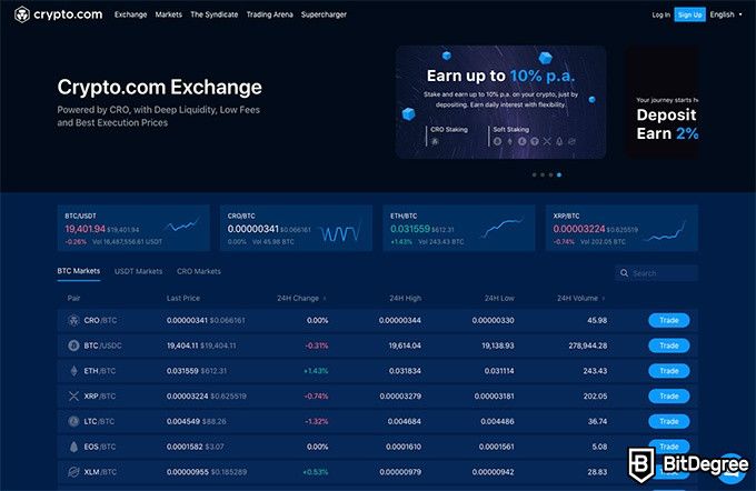 Crypto.com review: exchange part of the website.