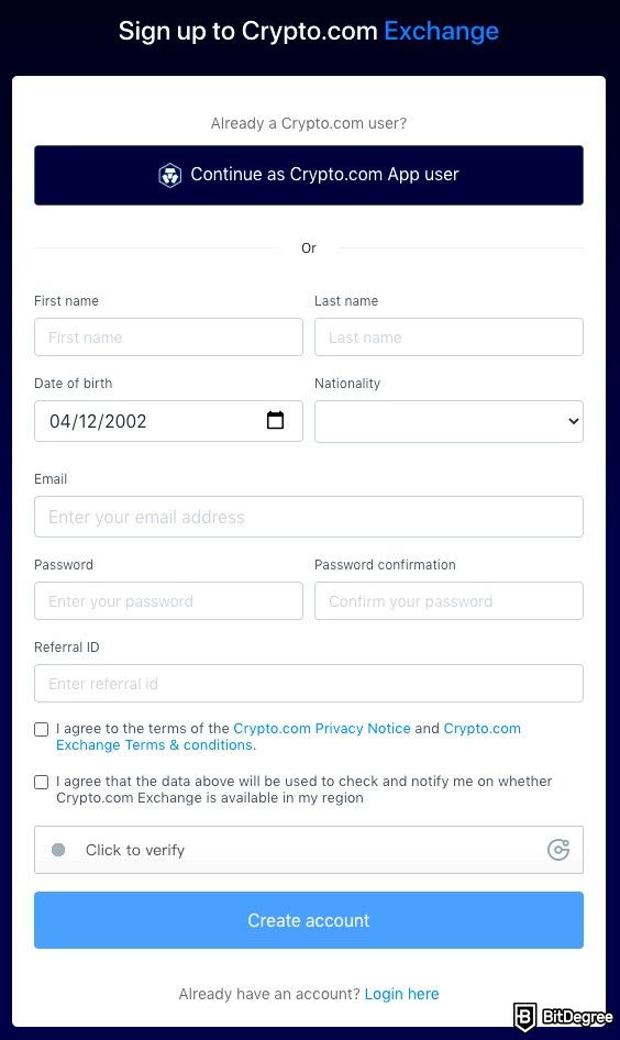 Crypto.com review: sign up to the exchange.