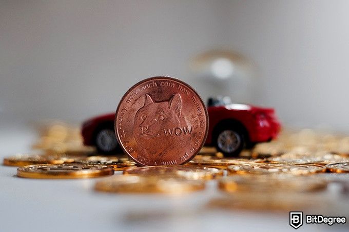 Best Dogecoin wallet: a Dogecoin in front of a toy car.