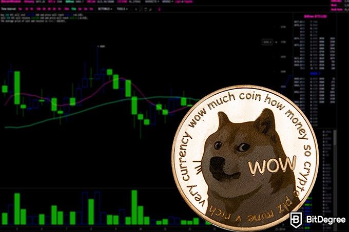 Best Dogecoin wallet: a Dogecoin in front of a candlestick graph.
